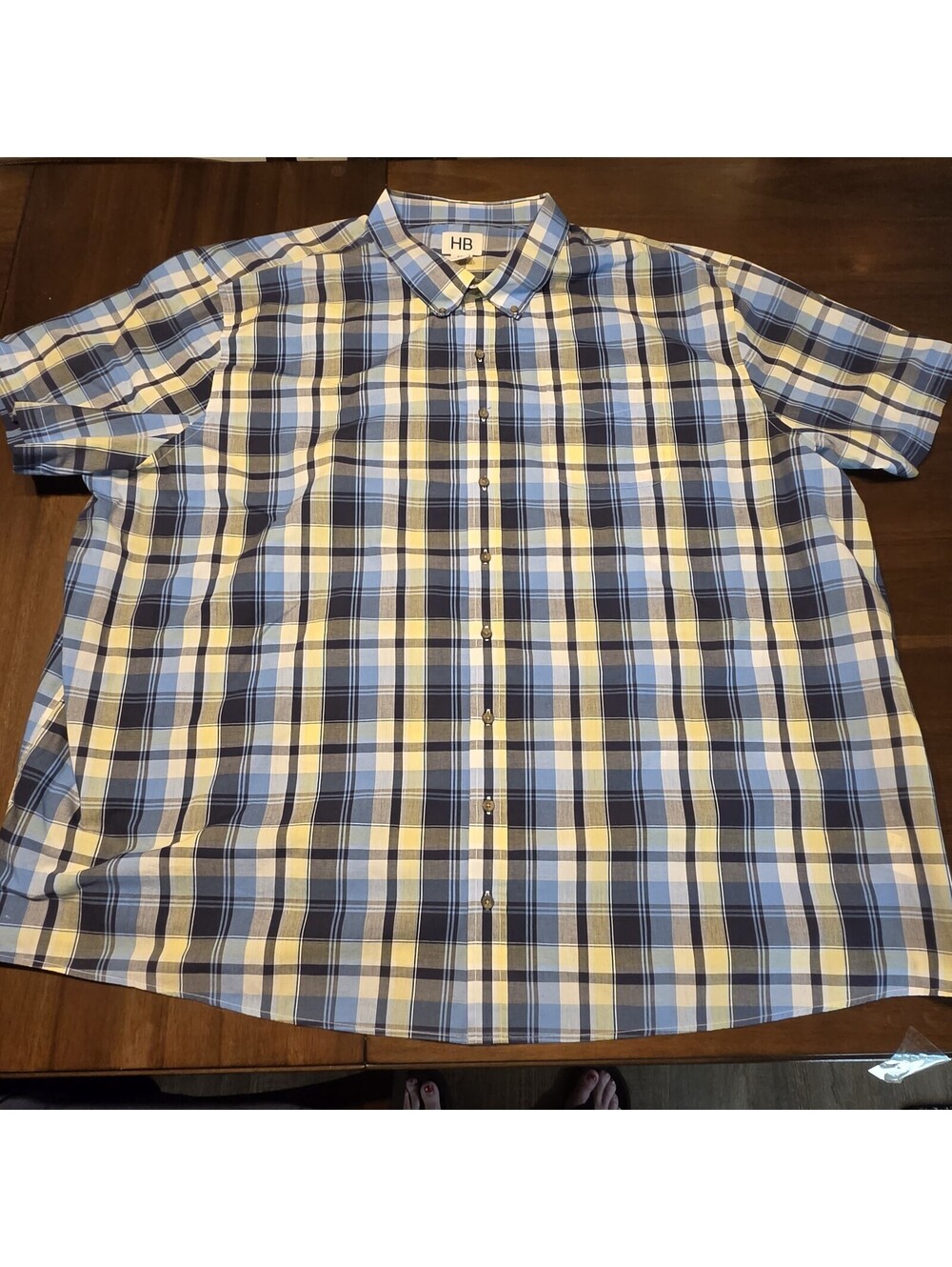 Harbor Bay HB Mens Shirt 5XL Blue Yellow Plaid Short Sleeve Casual Button Down